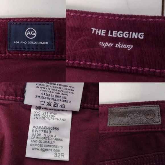 NWT Ag Adriano Goldschmied The Legging Burgundy Velvet Super Skinny Pants Sz 32 - Picture 12 of 16